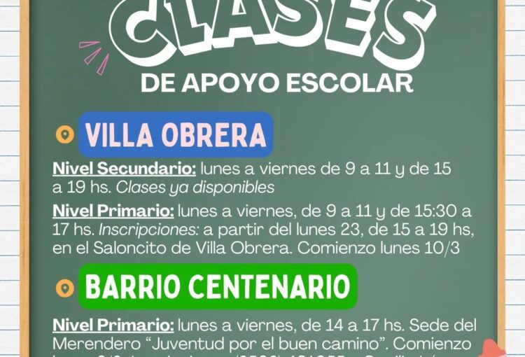 Lee más sobre el artículo Clases de apoyo escolar en Villa Obrera y Barrio Centenario
