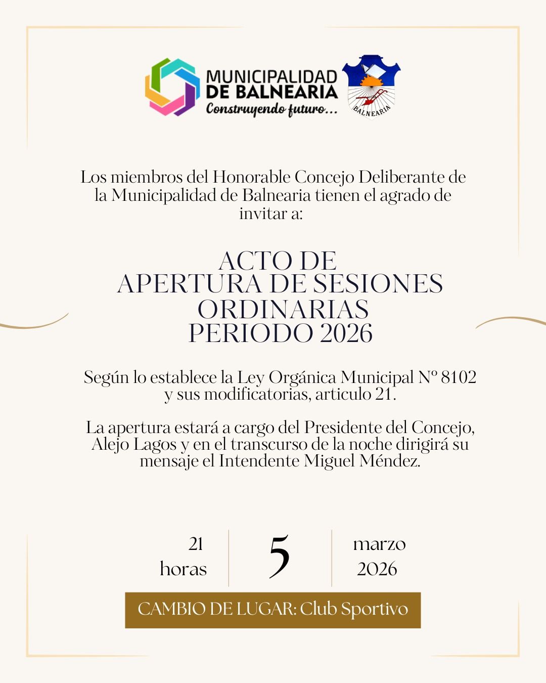 En este momento estás viendo El Honorable Concejo Deliberante invita a la Apertura de Sesiones Ordinarias – Período 2026