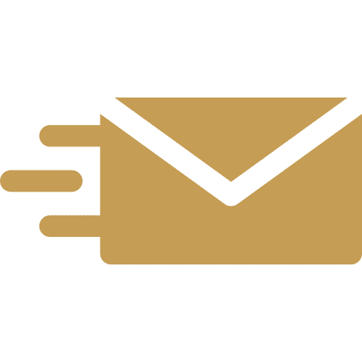 Icono dorado de sobre con líneas que simbolizan movimiento, representando un correo electrónico o mensaje enviado rápidamente.
